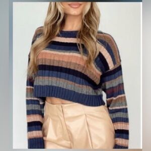 Chic Striped Cropped Sweater - Navy, Brown, and Pink